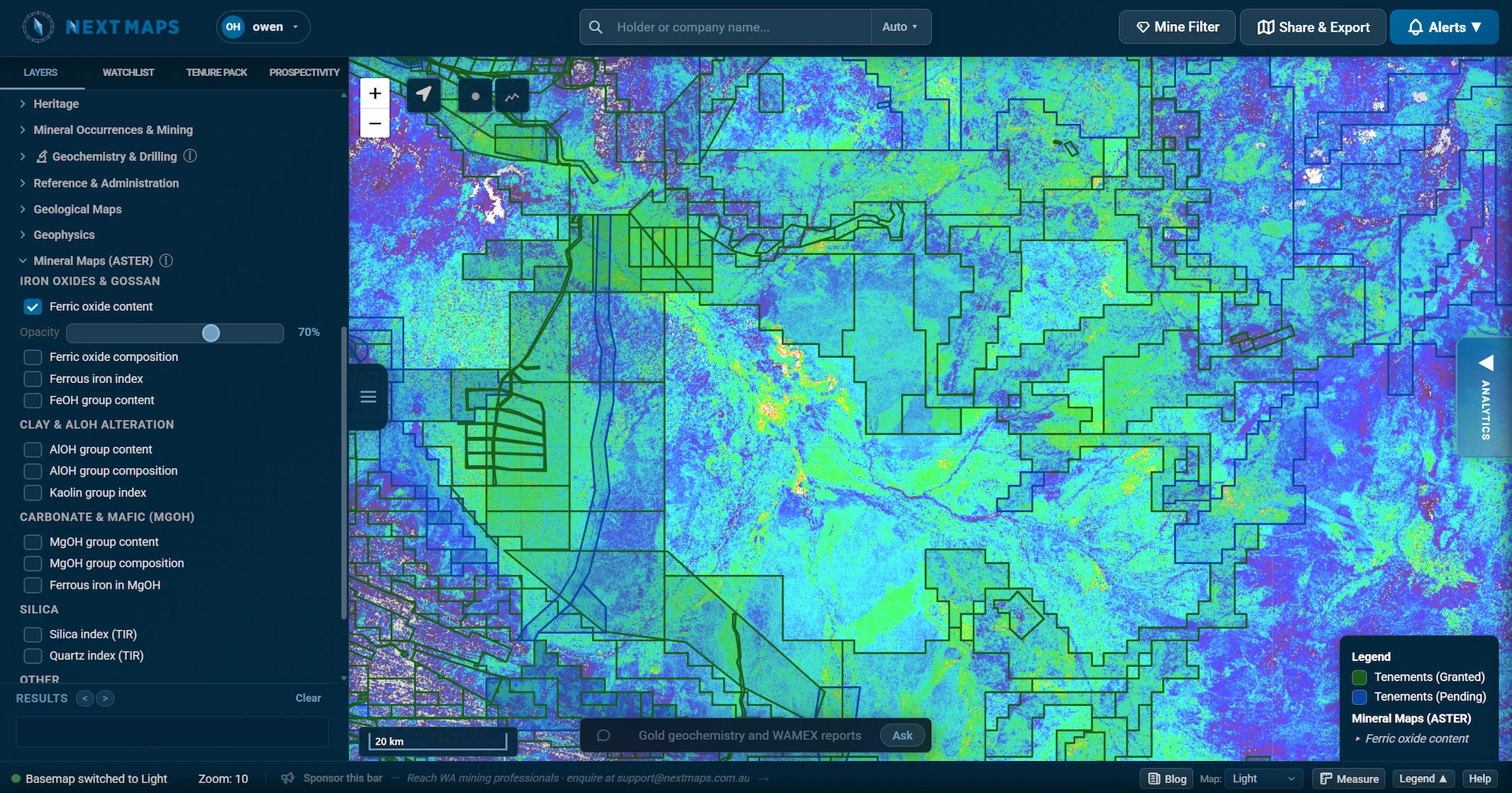 An ASTER mineral map shown over WA tenure in NextMaps