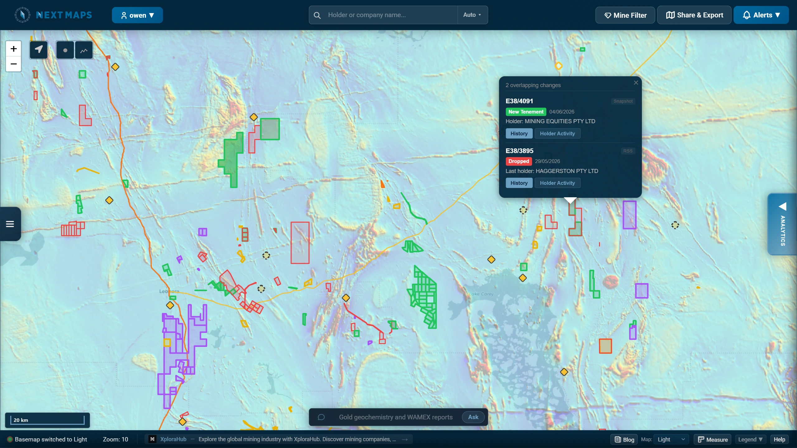 The NextMaps live map of WA tenure, geoscience and intelligence, showing tenement timeline changes near Leonora