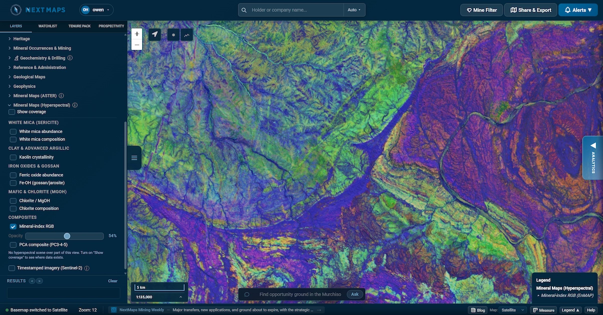 An EnMAP hyperspectral mineral map (white mica, chlorite and iron oxides) shown over WA tenure in NextMaps