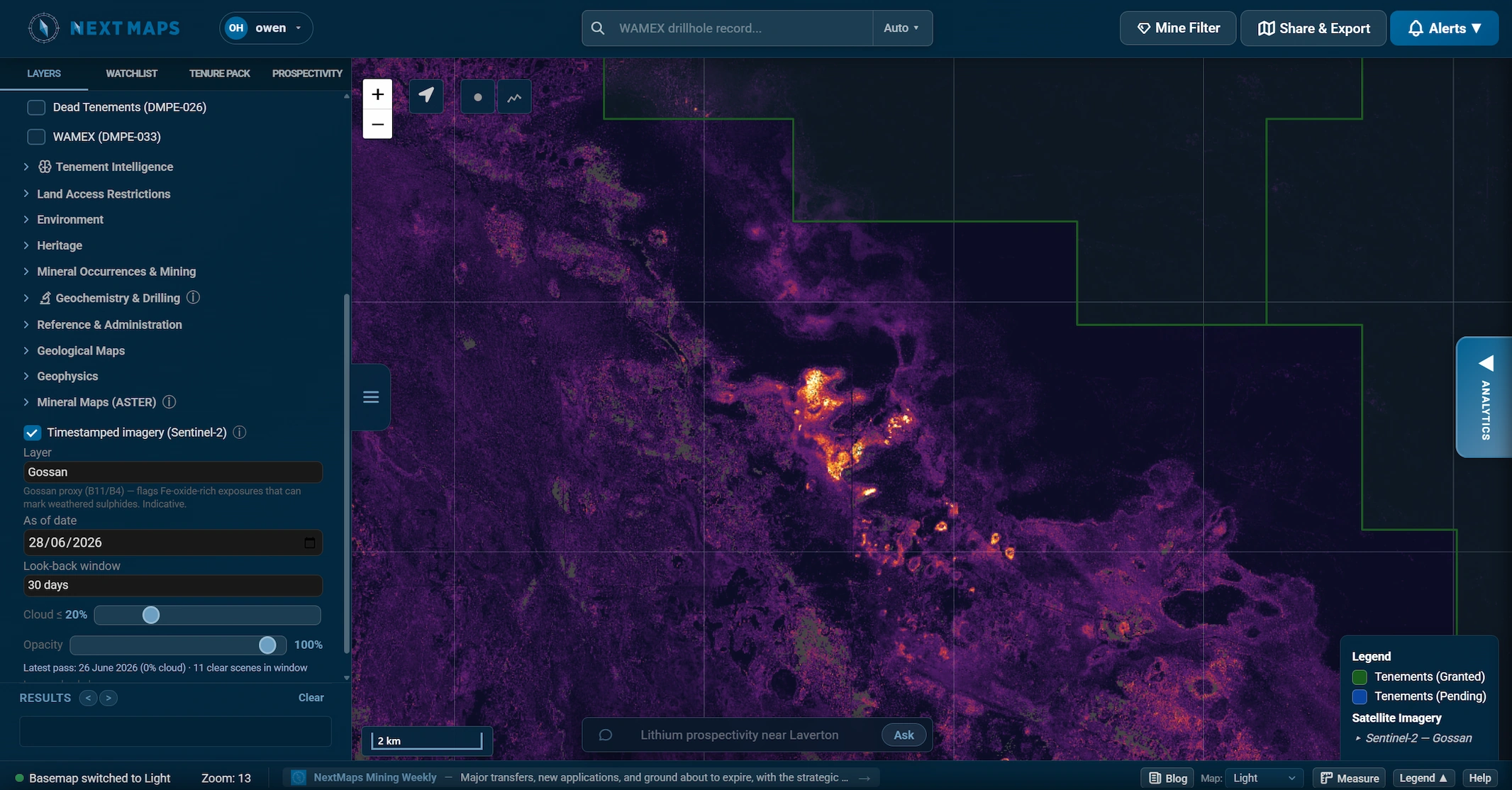 A Sentinel-2 mineral-ratio composite and ASTER mineral map shown over WA tenure in NextMaps